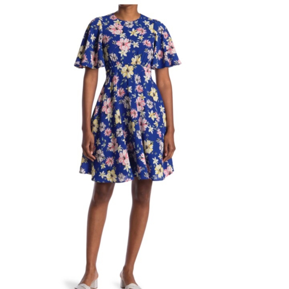 NWT Eliza J Dress Flutter Sleeves Blue Floral 18 NWT